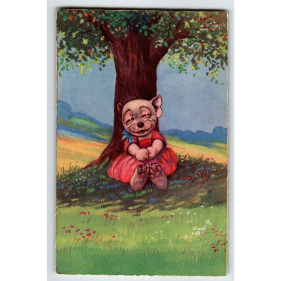 Bonzo Dressed Puppy Dog Under Tree Postcard Fantasy Anthropomorphic 1932 Vintage - Picture 1 of 2